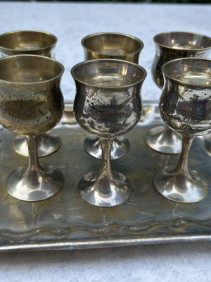 Vintage metal liqueur glasses set with tray