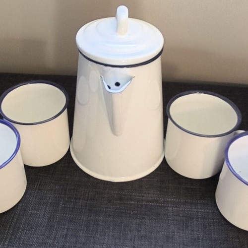 Vintage enamel coffee set with original box, pot and 4 mugs