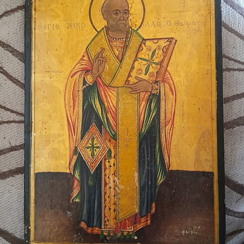 Antique Saint Nicholas Icon used, handmade 1870s, 26×20 cm