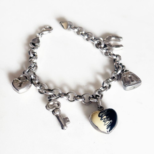 Vintage silver 925 bracelet with charms and ceramic heart used