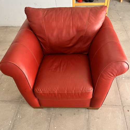 Italsofa leather armchair and 2-seater sofa, burgundy red