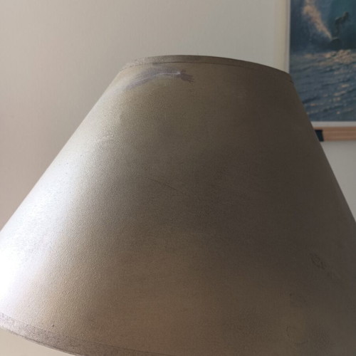 Wooden floor lamp handmade, used, minimal design with oil lampshade