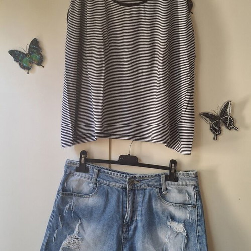 Cherry set Large with denim shorts and striped sleeveless top like new