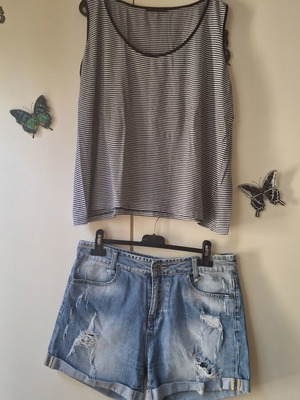 Cherry set Large with denim shorts and striped sleeveless top like new
