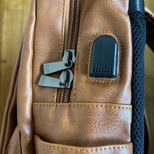 NoShame backpack with USB port, camel color, faux leather