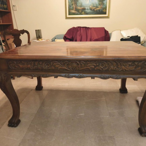 Vintage carved handmade dining table, solid walnut 1952