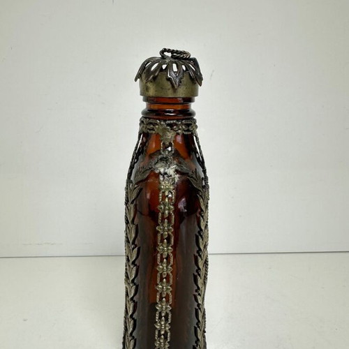Vintage amber glass flask with filigree metalwork, 1930-1950