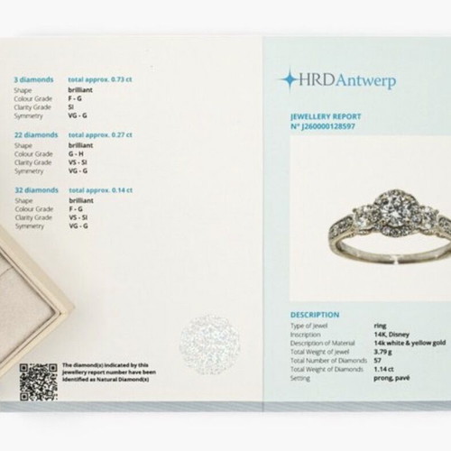 Disney 14K white and yellow gold ring with 1.14 ct natural diamonds, HRD certified