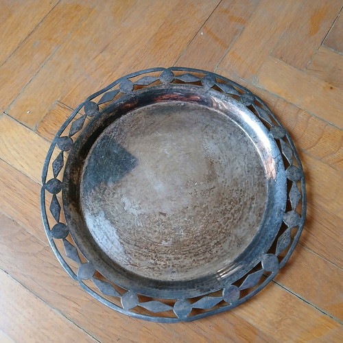Silver-plated small tray used with carved decorative rim