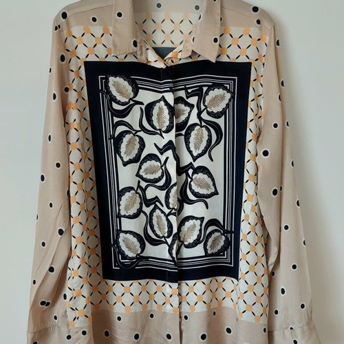Silk women's shirt like new with geometric and leaf pattern