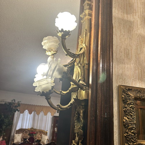 Set of 2 large brass wall sconces with ornate glass shades vintage used