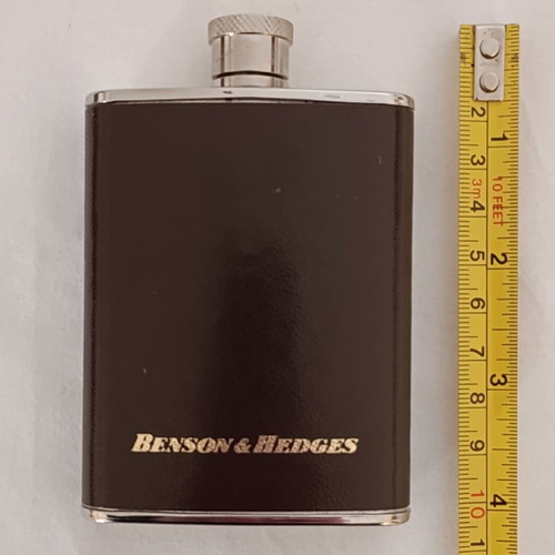 Benson & Hedges 3oz hip flask used, stainless steel with leatherette