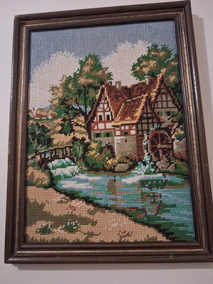 Handmade embroidered textile painting old watermill by river 28x40