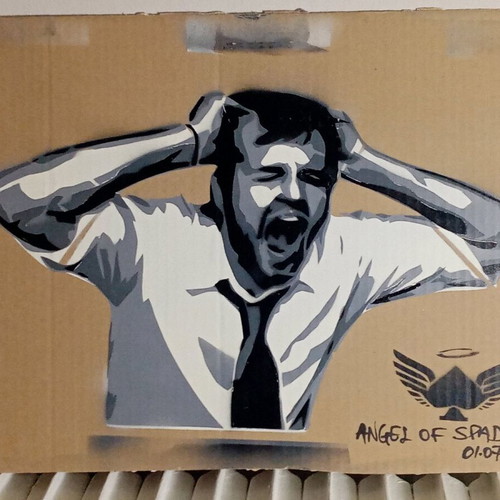 Shocked Genie stencil art on canvas used, acrylic spray 32x42cm