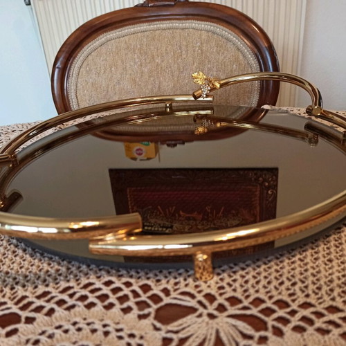 Round serving tray with mirror and gilded frame new