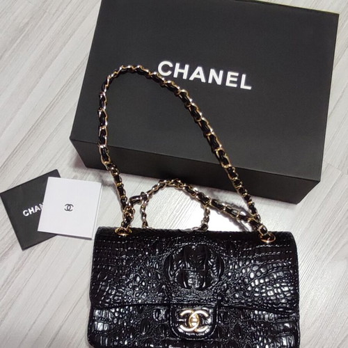 Chanel shoulder bag, black alligator leather