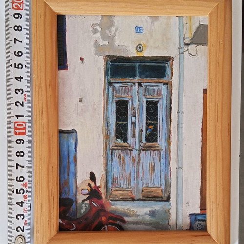 Blue Door & Moped Painting on Wood Panel by Tiffany Riley 2007 like new