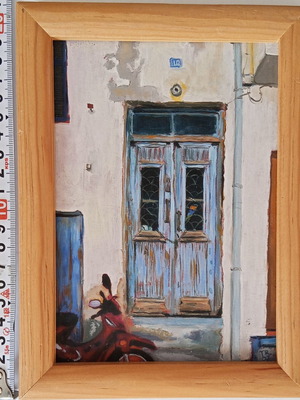 Blue Door & Moped Painting on Wood Panel by Tiffany Riley 2007 like new
