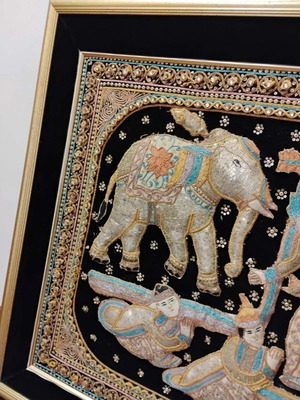 Framed textile art used with Chinese embroidery and sequins