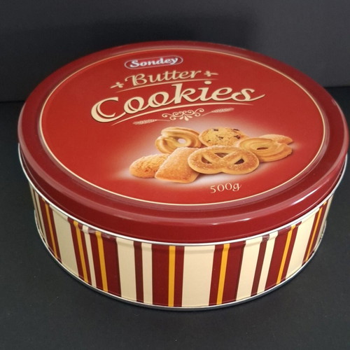 Sondey Butter Cookies Metal Tin like new, red with gold stripes