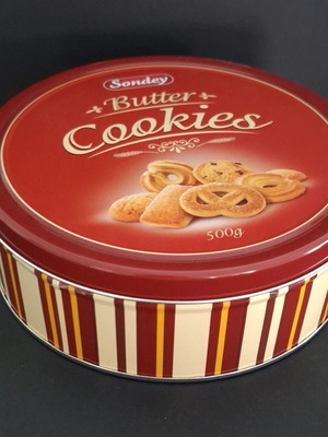 Sondey Butter Cookies Metal Tin like new, red with gold stripes