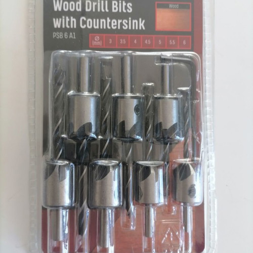 Wood drill bits set with countersink new, 6 pieces