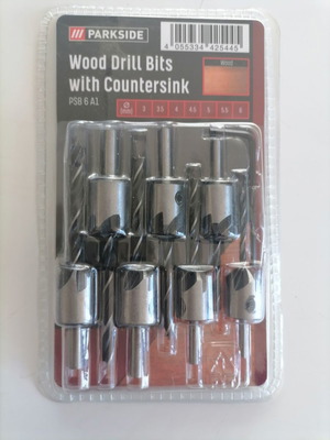 Wood drill bits set with countersink new, 6 pieces