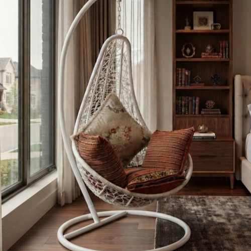 Hanging egg chair with cushions, white metal frame