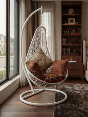 Hanging egg chair with cushions, white metal frame