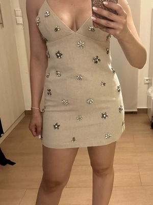 Λινό μίνι φόρεμα Zara με απλικέ κοσμήματα σαν καινούργιο, μπεζ