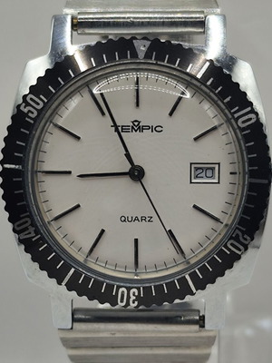 Tempic 1970s Quartz Mens Watch, white dial, new old stock