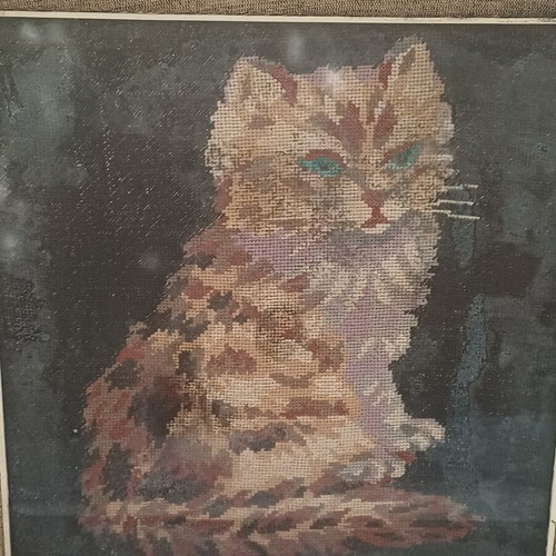 Cat vintage handmade embroidered framed art used