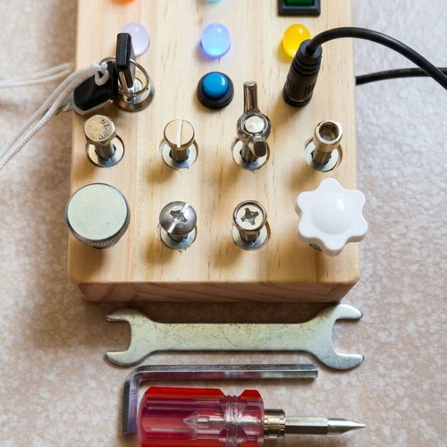 Wooden Busy Board Montessori with LED Lights and Tools new