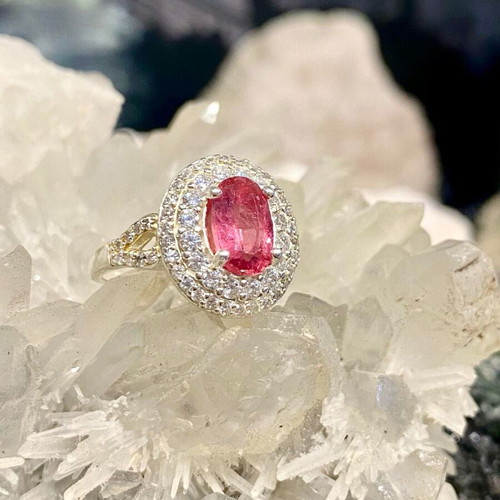 Handmade silver ring with natural pink tourmaline and moissanite, new