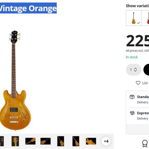 Harley Benton HB-50 Vintage Orange WB50 Semi-Hollow Bass