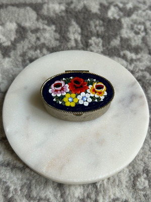 Vintage Venetian pill box used with floral mosaic and metal base