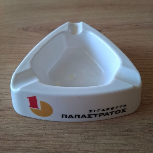 Vintage Papastratos Cigarettes Ashtray used, triangular ceramic