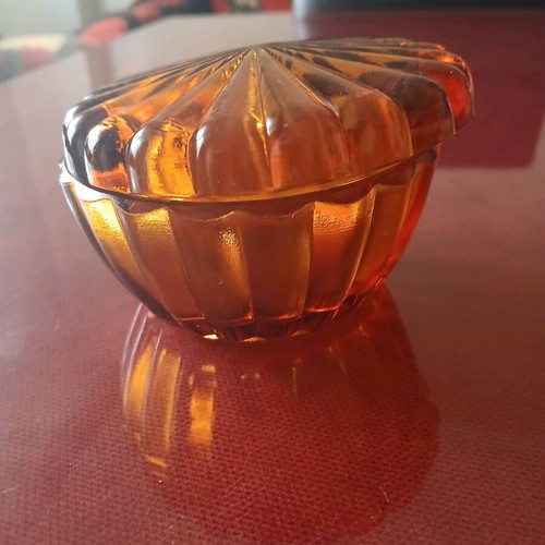 Czech glass amber candy dish with lid 7 cm high
