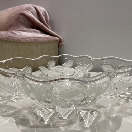 Glass fruit bowl with embossed designs used