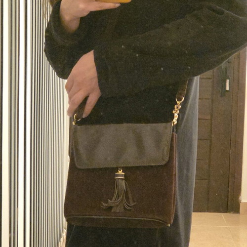 Structured Suede and Patent Leather Tassel Crossbody Bag used, burgundy