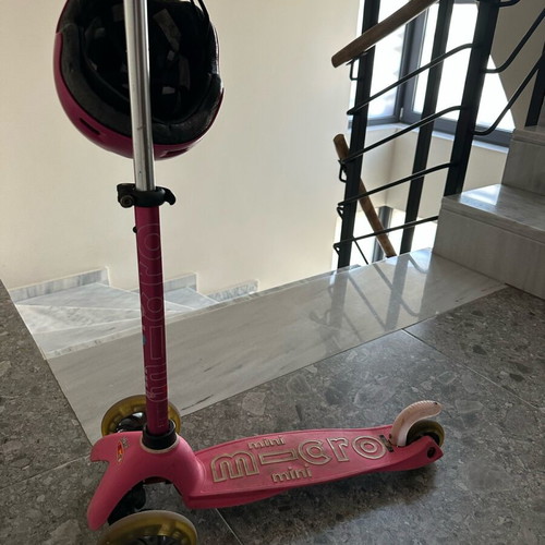 Micro Mini Deluxe Led scooter used with helmet for ages 2-5