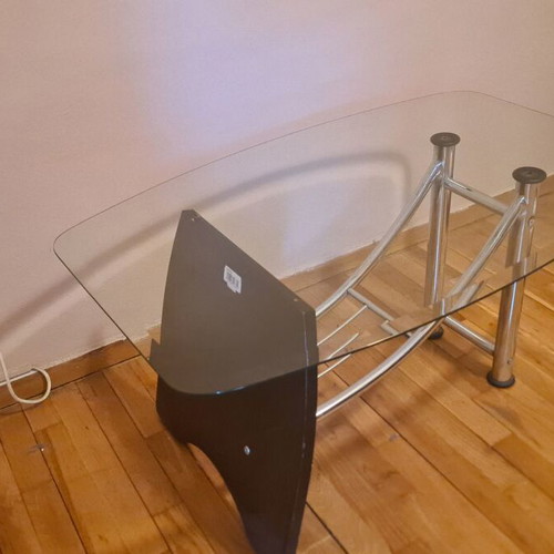 Coffee table with glass removable top and wood-metal base like new