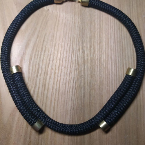 Cord necklace new handmade black with gold metal details