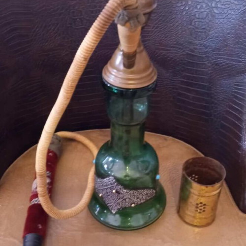 Hookah old used with green glass base and silver-plated design