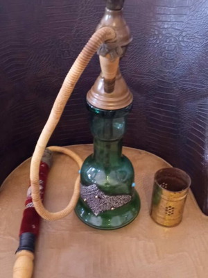 Hookah old used with green glass base and silver-plated design