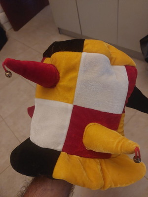 Jester Hat with Bells like new, multicolor velour fabric
