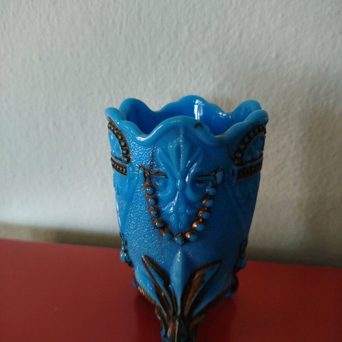 Blue opaline like new with embossed decoration and bronze paint