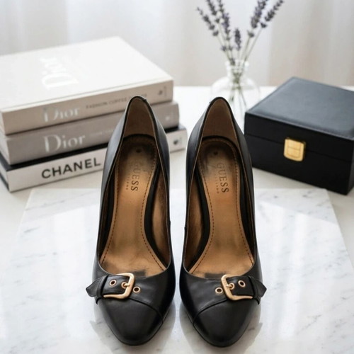Guess black leather high heel pumps used with gold details