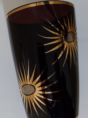 Dark-colored glass vase vintage 20cm with golden chrysanthemum design like new
