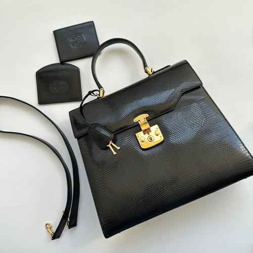 Gucci Lady Lock lizard skin shoulder bag used, large, black